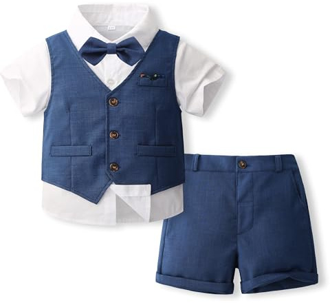 Volunboy Elegant kostym barn skjortor fluga väst + shorts sommar bröllopsceremoni kläder 4 delar, Marin, 18-24 M�nader