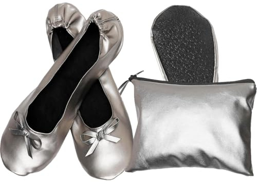 Nexoria Foldable Flats for Women, Foldable Ballet Flats Shoes for Purse, Portable Roll Up Shoes with Zipper Pouch, Stylish Comfortable & Non-Slip Portable Women Flat for Weddings, Office, Travel (Silver,S)