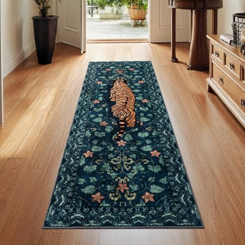 TUKDAK Alfombra Pasillo Lavable 60x180cm, Alfombra de Cocina Tigre Verde con Fondo Antideslizante, Alfombra Suave de Pelo Corto para Baño, Alfombra Larga de Interior Boho para Salon Dormitorio
