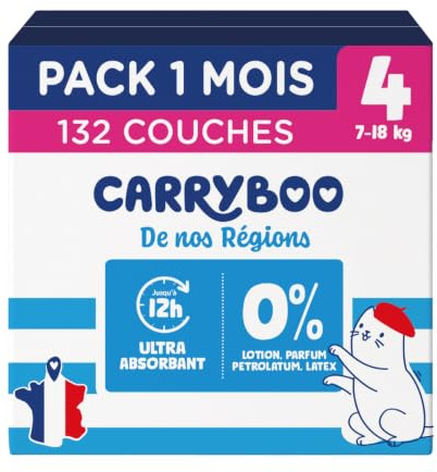 CARRYBOO - Couches Taille 4 (7-18kg) - Saines et Ultra Absorbantes - 12h Anti Fuites - Sans substances indésirables - Fabriquées en France - Prix Accessible - 132 Couches Jetables - Pack 1 Mois