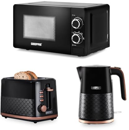 GEEPAS 700W Solo Manual Microwave, 1.7L Electric Kettle & 2 Slice Bread Toaster Kitchen Set | 3000W Rapid Boil Cordless Jug Kettle | 7 Browning Levels | 20L Solo Microwave Oven, 5 Power Levels | Black