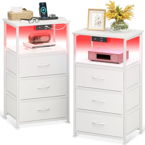 Coleshome Sängbord set med 2, nattbord set med 2 USB-portar, 1 uttag och LED, 3 tyglådor och 2 förvaringsutrymme, perfekt för små sovrum, 40 x 30 x 70 cm, 2 förpackningar | Sängbord med 3 lådor i tyg, 1 förvaringsutrymme, vit, 40 x 30 x 70 cm