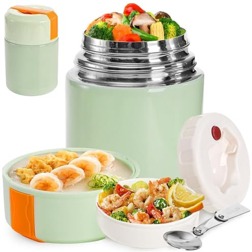 XUANHONG-TECH 800ML Food fFlasks for Hot Food, Extra Large Capacity, Insulated Food Container Leak-Proof with with Folding Spoon, Keeps Hot/Cold for 12Hrs (Green-800ML)