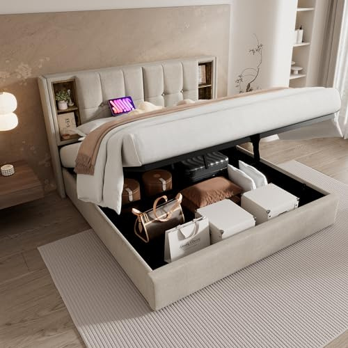Merax Upholstered King Size Bed, Ottoman Storage Bed Frame With Hydraulic Lever, Wireless Charging(USB Tyep-C), Linen Fabric, Natural/150 x 200cm(No Mattress)
