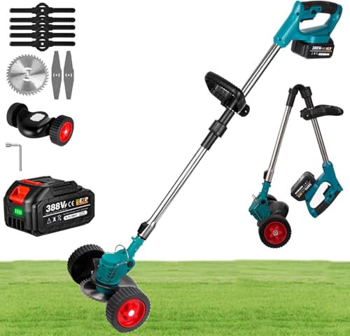 Desbrozadora Bateria 21V, Desbrozadora Electrica Plegable con 4,0Ah Batería, con Función Telescópica de 100-135CM, con 10 Accesorios, Desbrozadorade para Jardines, Céspedes (Rojo con 2 Batería)