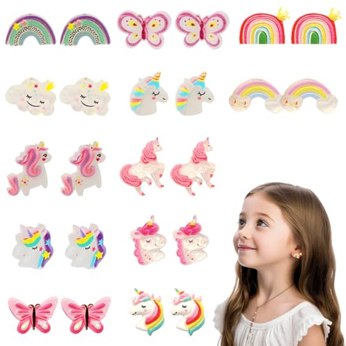 ZILZUFA 12 Pares de Pendientes de Clip para Niñas, Sin Tipo de Metal, Lindo Pendientes de Resina no Alérgicos, Accesorios de Joyería de Princesa para Niñas, Unicornio