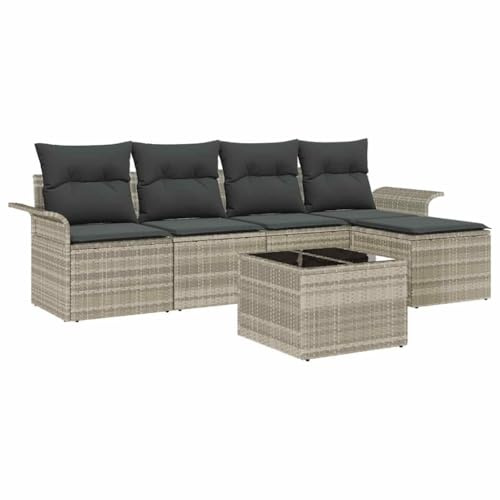 vidaXL Garten-Sofa-Set mit Kissen 6 pcs Hellgrau Poly Rattan, Garten und Terrasse, modernes, modulares Outdoor-Sofa, verstellbare Füße, Rattan-Sitzgruppe, wetterfest