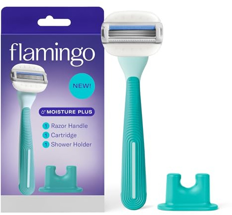 Flamingo Moisture Plus Women's Razor Set - No Shave Gel Needed - 1 Razor Handle, 1 Blade Refill, Shower Holder - Seafoam