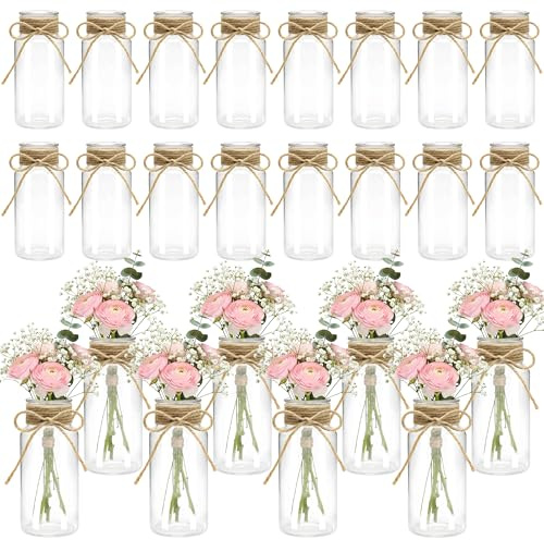 TAOZIMA Small Plastic Vases for Fowers, Mason Jars for Centerpieces, Transparent Tall Cylinder Hyacinth Avocado Growing White Bud Vases in Bulk for Wedding Table Decorations (24pcs)