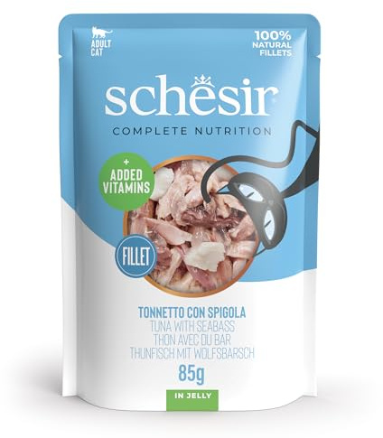 Schesir, Tonnet med havsabborre, komplett våtfoder för katter, i påse, 100% naturliga ingredienser, cruelty free, 12 x 85 g