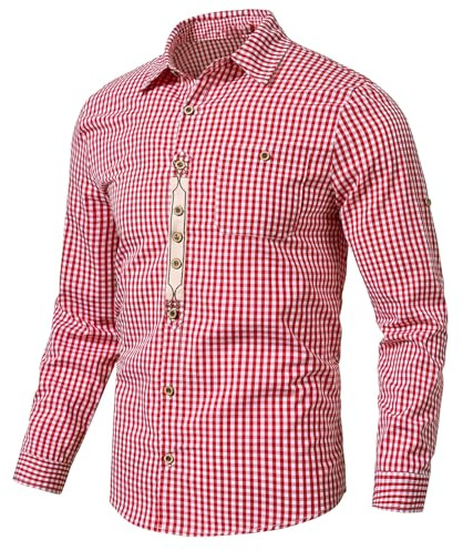 Trachtenhemden Homme Chemise Bavaroise pour Homme, Chemise à Carreaux Manches Longues Traditionnel Oktoberfest, Tenue de bière, Blouse Respirant Classique Ecossaise Pour Lederhosen Oktoberfest