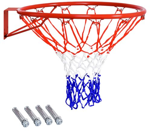 GYMAX Wall Mounted Basketball Hoop, Indoor Outdoor Basketball Rim Replacement with Net, Double Spring and Fixtures, Heavy-Duty Professorial Basketball Ring Goal for Kids Adults (Red, PE Net)