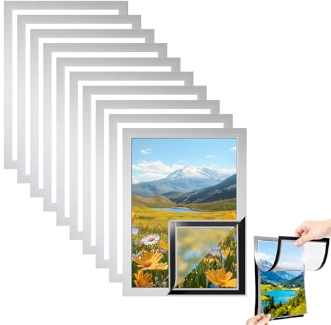 10 Marcos Magnéticos A4 Autoadhesivos y Plegables con Cierre Magnético, para Anuncios, Notas, Documentos, Menús y Presentaciones, Formato 32.5 x 24 cm (DIN A4), Color Plata - Lote de 10 Piezas