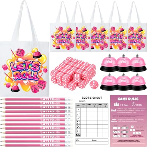 RoundFunny 6 Sets Bunco Game Kit Party Supplies for Ladies 60 Pink Dice 12 Tote Bag 6 Bells 30 Score Card 12 Pencils Rule Sheet Night Family Board Games for Women Girl up to 6 Groups 2-12 Player