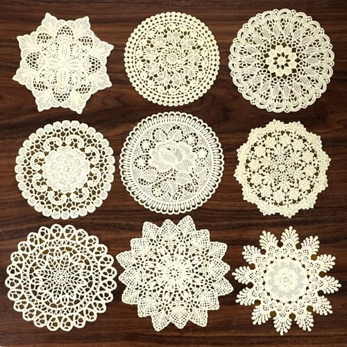 9 Pcs Lace Doilies for Tables 6 Inch Crochet Doilies Rustic Handmade Round Placemats Vintage Cotton Lace Coasters Rustic Table Doily Decors for Dining Room Kitchen Christmas Party Wedding Birthday