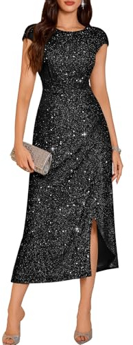DRESSTELLS Women's Sparkly Formal Wedding Guest Dresses, Sequin Cocktail Party Evening Prom Slit Maxi Dress