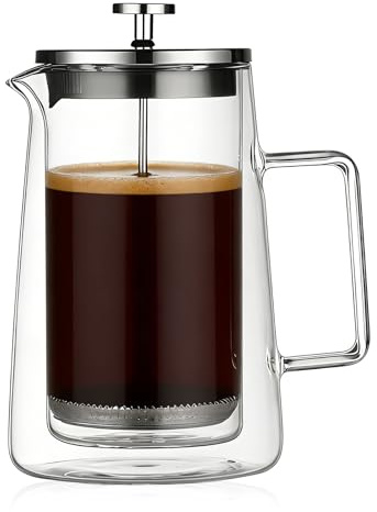 BORDEAG Kaffebryggare glas, 113 x 102 x 220 mm franska press rostfritt stål, fransk press 1 liter, kaffepress 1 000 ml transparent, för hem, kontor och café, handgjord termisk dubbelväggsdesign
