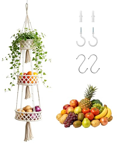 YTACREA Panier Suspendu Suspendu à Trois Niveaux, Corbeille a Fruit Mural en Corde de Coton avec Crochets, Panier Mural de Bohème pour Ranger Légumes, Friandises et Jouets