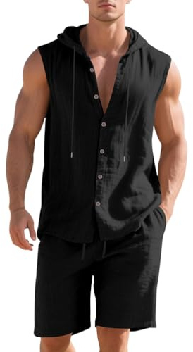 Oanviso - Conjunto de lino para hombre, 2 piezas, con capucha, sin mangas y pantalones cortos, de playa, chándal ligeros, de verano, tops y pantalones cortos