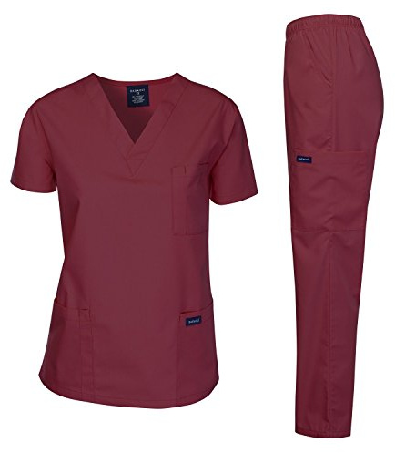 Dagacci Scrubs Medical Uniform Women and Man Scrubs Set Medical Scrubs Top and Pants, Burgundy, 3XL