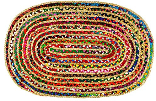 COTTON CRAFT Jute Chindi Braid Rag Rug - Boho Farmhouse Rustic Area Accent Throw Rug - Handwoven Reversible Natural Recycled Cotton- Living Room Den Study Home Décor Gift - 3' x 5' Oval - Multi Color