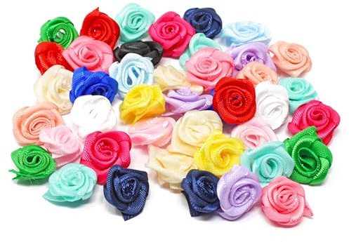 Multi Coloured 15mm Miniature Satin Ribbon Rose Flowers Decorative Craft Flowers (50)
