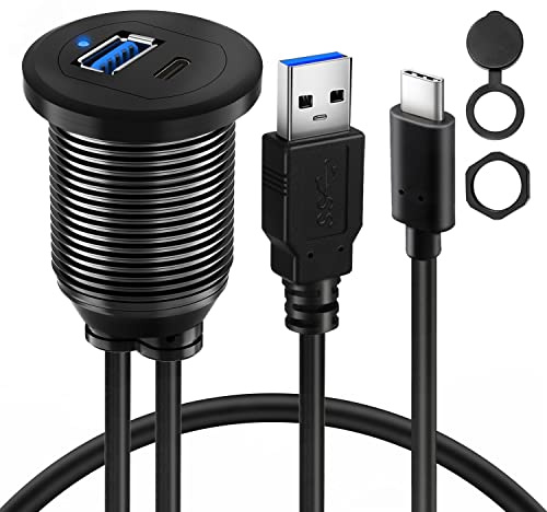 BATIGE Type C 3.0 USB 3.0 Alloy Shell Car Mount Flush USB Port Cable Male to Female, Car Truck Boat Motorcycle Dashboard Panel Extension Cable LED Indicator - 3ft