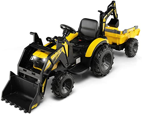 Costzon 3 in 1 Ride on Excavator Bulldozer Tractor 12V Battery Electric Vehicle W/Remote Control, Trailer, Shovel, Digger, LED Lights, MP3 & USB, Kids Excavator Ride on Car for Kids 3-8 (Yellow)