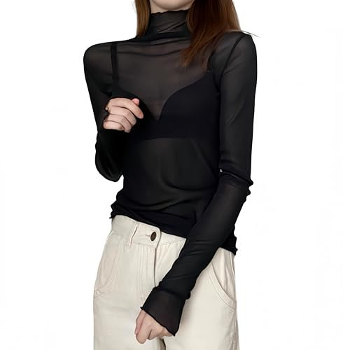 SamHeng Women Sheer Mesh Tops See-Through Long Sleeves Shirt Ladies Turtleneck Slim Fit Basic Blouse Tee Tops Party Clubwear(Black/L)