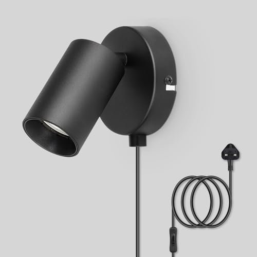 TaFiCo Black Plug in Wall Light with Switch - GU10 Wall Light Plug in Cord 350° Rotatable - 7W Indoor Wall Sconce Lights for Bedroom Living Room Kitchen Desk - Bulb Not Included