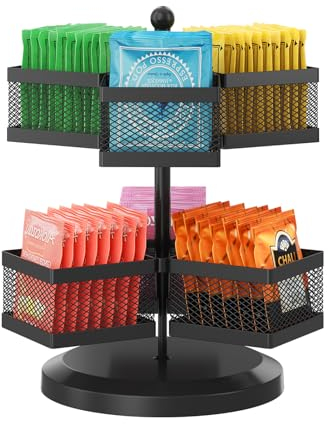 iDavosic.ly Metall Teebeutelhalter, Drehbar Teeboxen für Teebeutel Teebox Groß mit 6 Fächern, Teeregal Teebeutel Aufbewahrungsbox Tee Organizer für 72 Tea Bag (Schwarz)