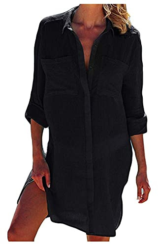 Strandskjorta dam vit strand blusklänning sommar v-ringad strand cover up sexig transparent tunika lätt bikini strandponcho sommarklänning elegant badmode strand lång skjorta skjortklänning