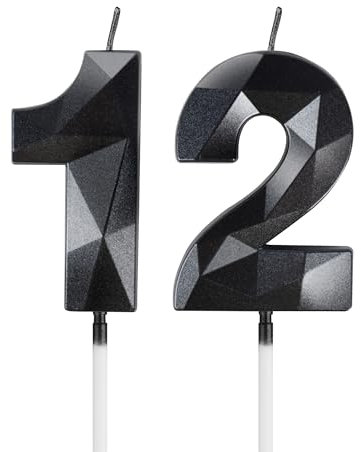 mciskin Schwarze Kerzen zum 12. Geburtstag, 3D-Zahl 12, Kerzen für Kuchen, Mädchen, Jungen, Dekoration zum 12. Geburtstag, Perlmutt, schwarze Kerze, Kuchendekoration, Dekoration für Geburtstagsparty