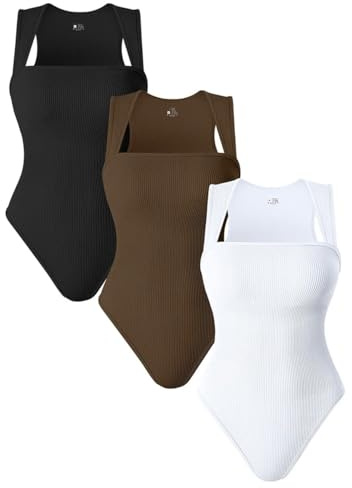AIDEUX Tghetiop Body 3 Pièces Sans Manches Pour Femme Col Carré Shapewear Débardeur Côtelé Minceur Sexy Sans Coutures, Noir Café Blanc 1, M