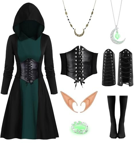 IEEILULU Vestido Medieval Mujer con Capucha, Vestido Gótico Retro Mujer, Disfraz Renacentista con Corsé, Orejas de Elfo para Carnaval Halloween Cosplay (Verde, L)
