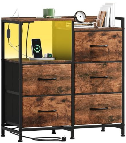Somdot Nightstand with Charging Station and LED Light, Wide 5 Drawers Dresser for Bedroom with Fabric Bins and Open Shelf for Bedroom Kids Closet Dorm Guest Room, Wood Grain Print