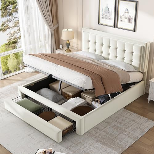 Aoskem Polsterbett Doppelbett Bett 140x200cm mit Kopfteil und Schubladen, Bett mit Stauraum, Hydraulisch Bettgestell mit Lattenrost, Stauraumbett Jugendbett Rückenlehne Bett, Ohne Matratze, Samt Beige