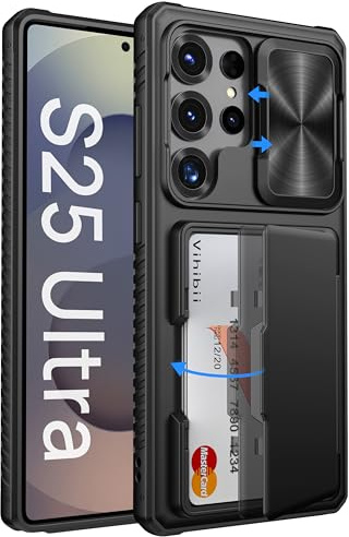 Vihibii Samsung Galaxy S25 Ultra-fodral med kortfack, svart | Skjutskydd för kamera, [RFID-blockering] militärt skydd stötsäker silikonskikt för Galaxy S25 Ultra