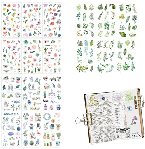 DAJUXIN 18 Sheets Flower Stickers Watercolor Floral Plant Stickers Self-Adhesive Plant Animal Stickers Cute Scrapbook Stickers for Decorating Scrapbook Album Computer Water Bottle