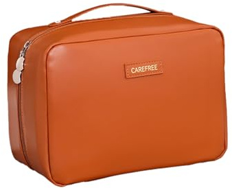 Large Capacity Travel Makeup Bag - Waterproof PU Leather Cosmetic Organizer with 6 Compartments, Transparent Zipper Pouch & Open-Flat Design for Toiletries, Skincare, Brushes (MochaBrown)