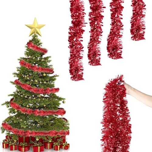 5 pz Ghirlanda Natale Artificiale Rosso 200 cm, Decorazione Natalizia festoni per Albero Abete di Natalei, Ghirlanda Lucida Metallica Ornamenti di Natale, Decorazioni Porta Parete Finestra Camino