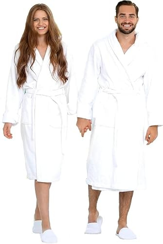 BIOLINEN 2 Pack - 100% Cotton Terry Shawl Collar Bathrobe with Slippers – Plush Spa Robe for Men & Women, Unisex One Size, White