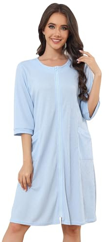 Starblazia Zip Up Dressing Gowns for Women UK Ladies Waffle Knit 3/4 Sleeve Lightweight Housecoats Knee Length Casual Women Bathrobes for All Seasons