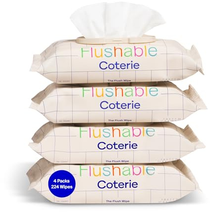 Coterie Flushable Wipes for Sensitive Skin, 4 Packs (224 Count) | Includes 224 total wipes, 4 packs, plant-based fibers, sewer + septic safe, fragrance free toddler potty training wipes