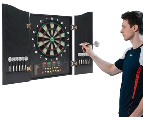 UHDUIG Elektronisk darttavla med dörrar dartmaskin stativ 4 LED-skärmar förborrade hål 27 spel och över 243 varianter upp till 16 spelare för kontor, trädgårdar, festrum