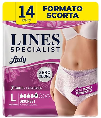 Lines Specialist Lady Pants Discreet, Mutande Assorbenti per Incontinenza Donna, Vita Bassa, Femminili e Discreti, Zero Odore e Barriere Laterali Protettive, Taglia L, 2 Confezioni da 7 Unità