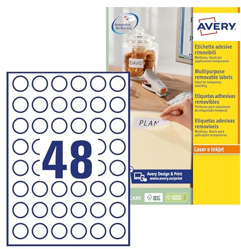 Avery Drucker-Etiketten, rund, abnehmbar, 1200 weiße Etiketten – 48 Etiketten pro Blatt