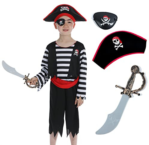 Sincere Party Children's Pirate Costume with Hat,Sword,Eyepatch for Unisex Kids 3-4years