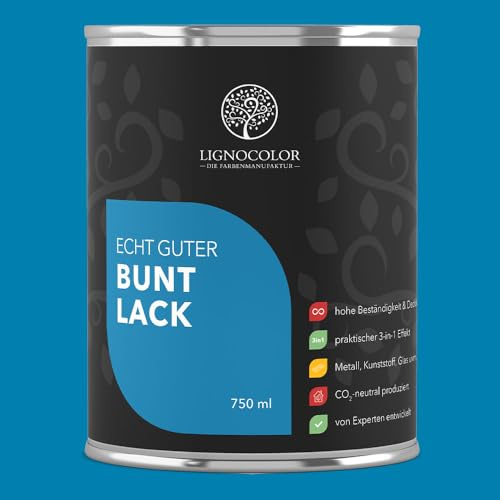 Lignocolor Buntlack glänzend (750 ml, Blau) | hochbeständiger Lack für Holz, Metall, Kunststoff & Kinderspielzeug