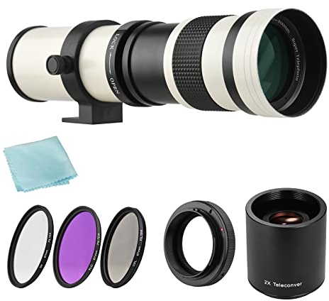 Benkeg Cámara MF Super Teleobjetivo Zoom Lente F / 8.3-16 420-800mm Montura T + Juego de filtros UV/CPL/FLD + Lente Teleconvertidor 2X 420-800mm + Anillo Adaptador T2-EOS Reemplazo para EF-mount